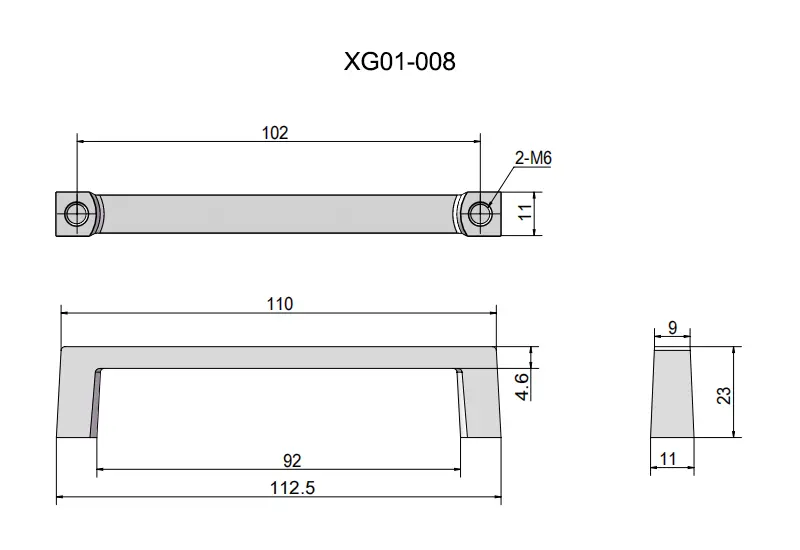 Plano técnico XG01-008 Plano dimensional del asa industrial fija XG01-008 con medidas y fijación M6