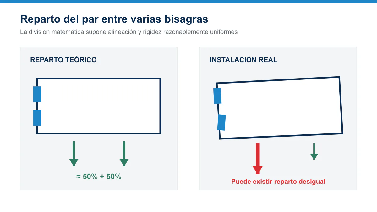 Esquema del reparto del par entre varias bisagras en condiciones teóricas y reales