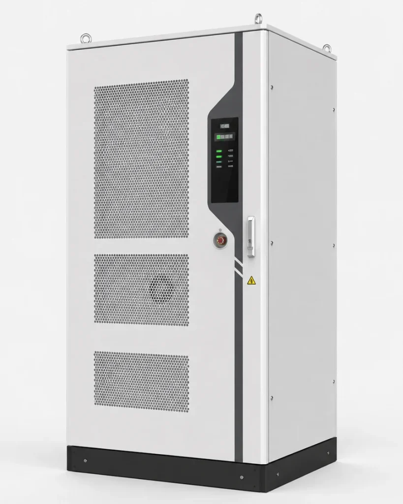 Armario BESS exterior con puerta de mantenimiento, ventilación y panel de control