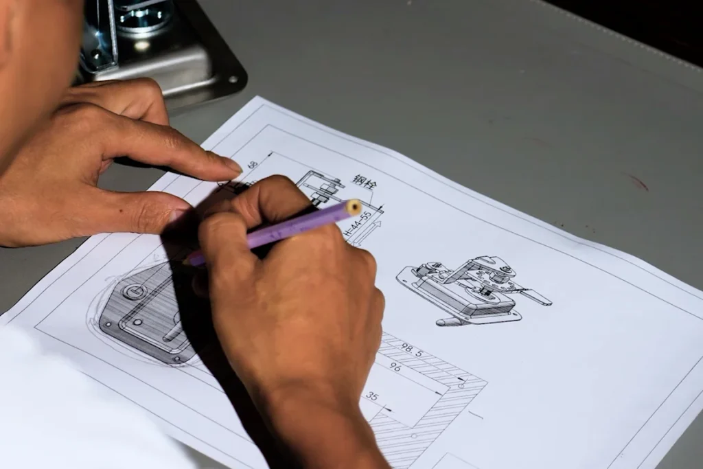 Ingeniero de HSP revisando el plano de un herraje industrial