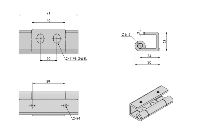 Bisagra industrial empotrada para armarios de 71 × 30 mm — Plano dimensional