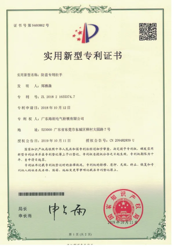 Certificado de modelo de utilidad de manija industrial antirrobo de HSP