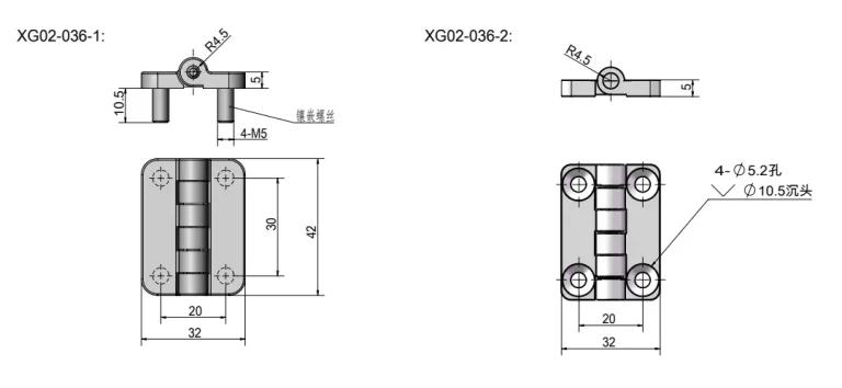 Bisagra industrial 54×40 con perno para cajas eléctricas — Plano dimensional