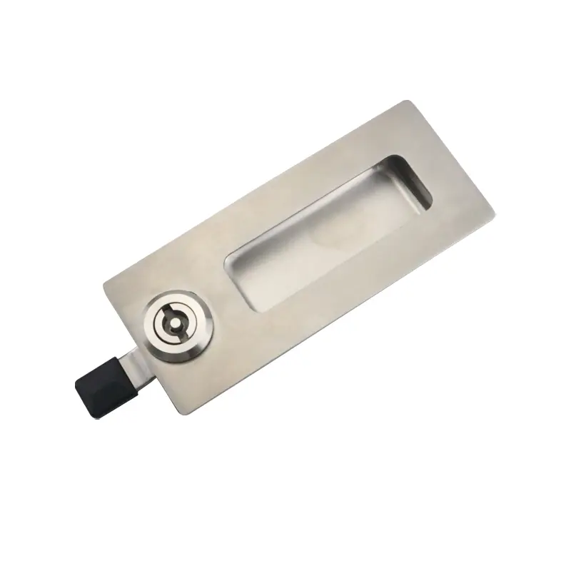 Tirador con cerradura de acero inoxidable cepillado, lado frontal