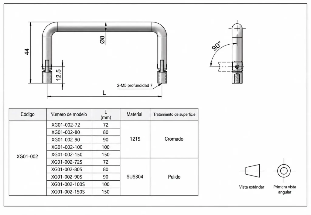 Asa plegable unidireccional de barra maciza giro de 90° — Plano dimensional