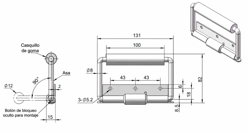 Asa con retorno automático y empuñadura de goma 131×82 mm — Plano dimensional