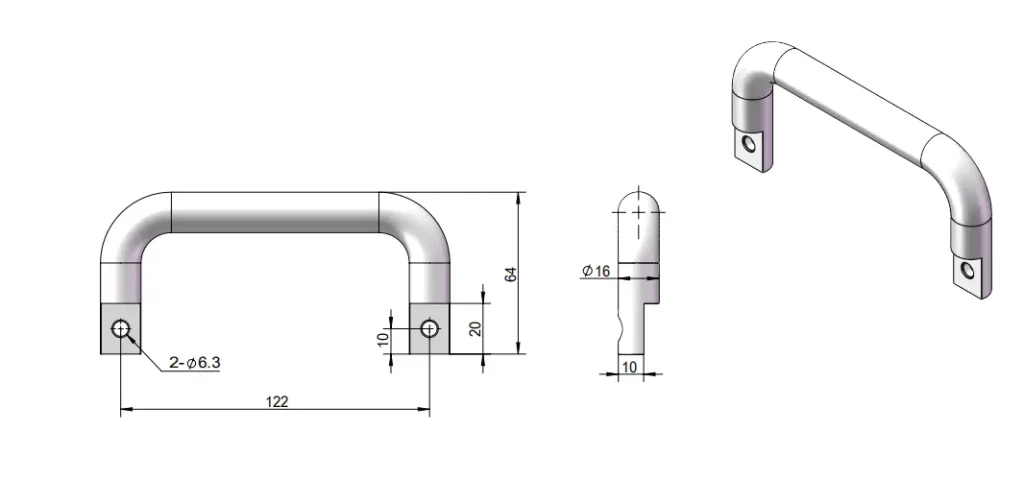 Asa maciza en U de acero inoxidable para montaje lateral pesado — Plano dimensional