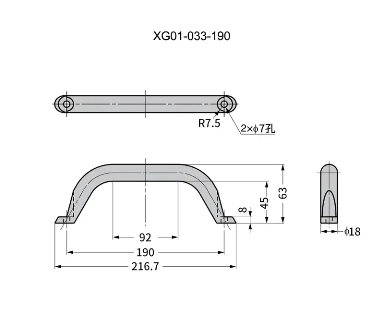 Tirador de arco macizo para cajones y puertas de madera — Plano dimensional
