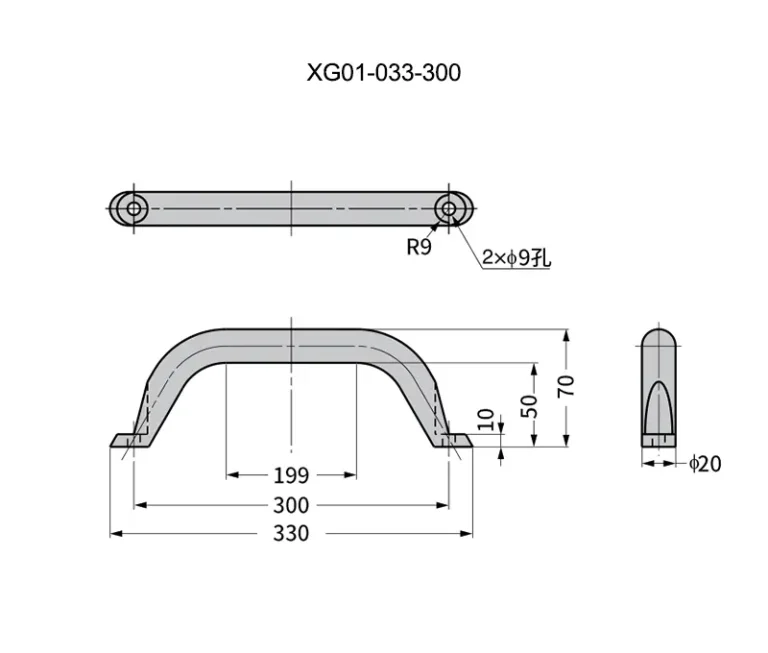 Tirador de arco macizo para cajones y puertas de madera — Plano dimensional
