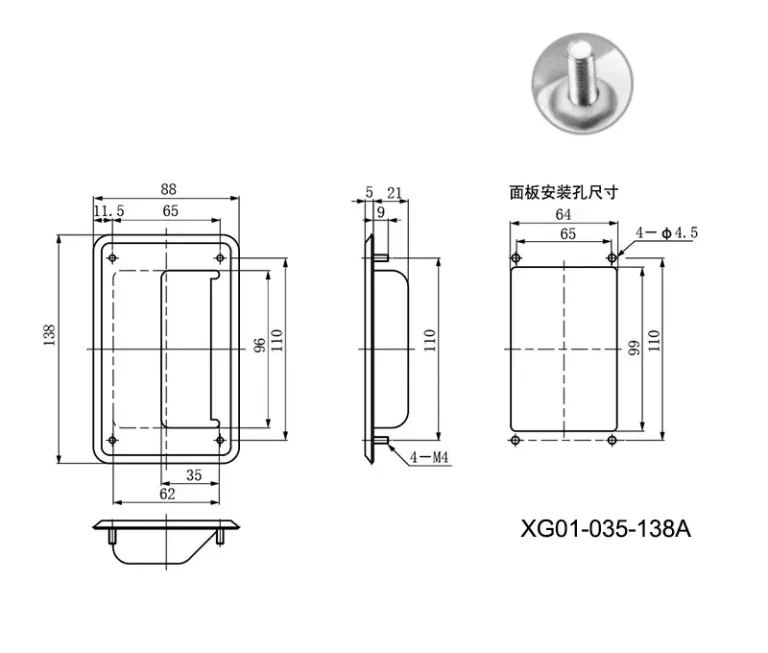 Tirador de acero inoxidable con espárragos y tuercas para armarios — Plano dimensional