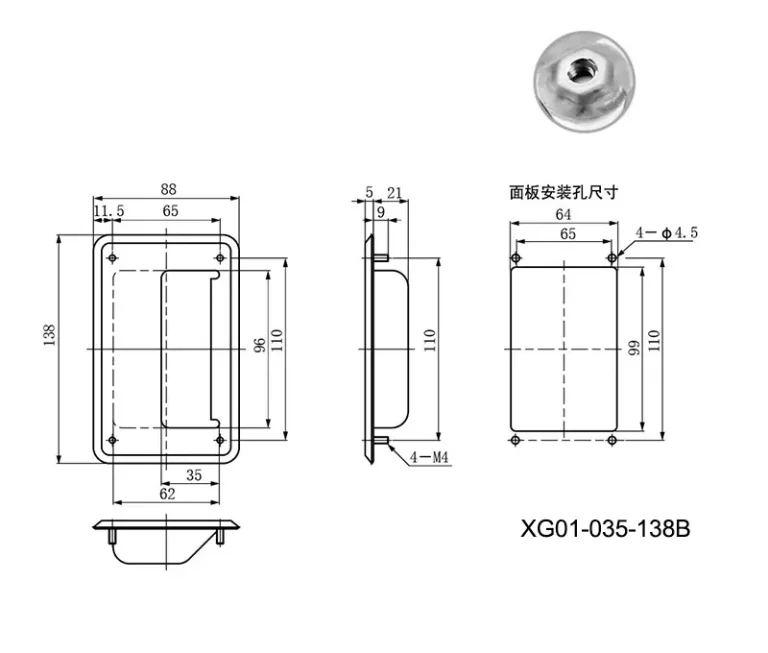 Tirador de acero inoxidable con espárragos y tuercas para armarios — Plano dimensional