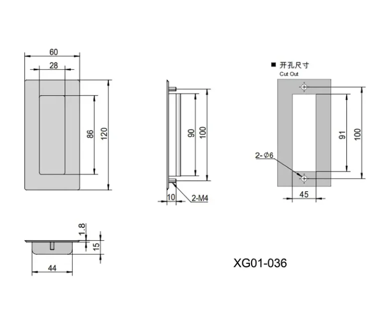 Tirador de acero inoxidable con espárragos y tuercas para armarios — Plano dimensional