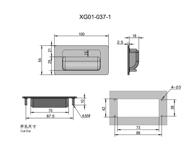 Asa de acero inoxidable cepillado para puertas de cajas eléctricas — Plano dimensional
