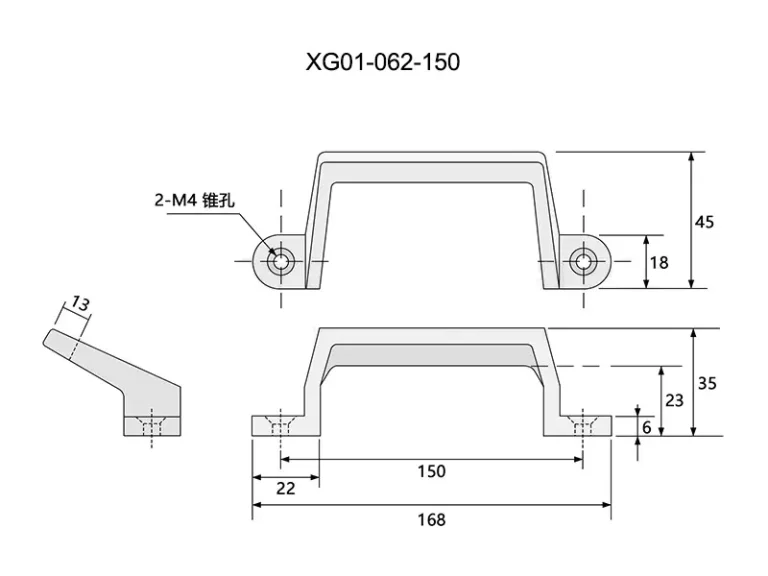 Asa inclinada de acero inoxidable para puertas de seguridad — Plano dimensional
