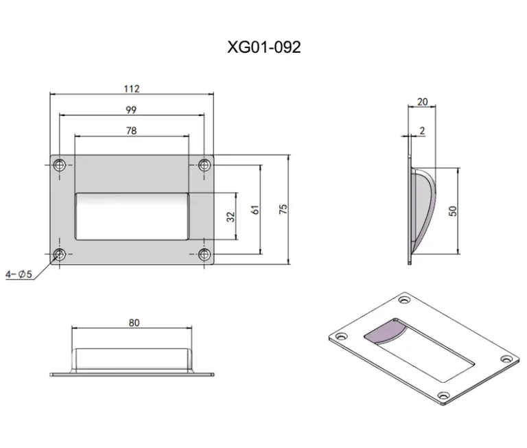 Asa de acero inoxidable con ranura para paneles — Plano dimensional