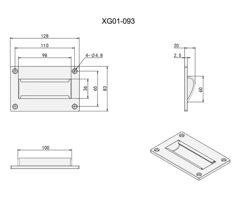 Asa de acero inoxidable con ranura para paneles — Plano dimensional