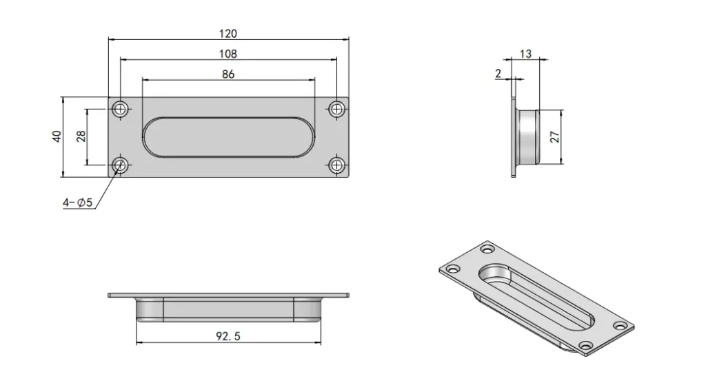 Asa empotrada de acero inoxidable para vitrinas — Plano dimensional