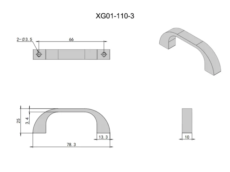 Asa pequeña de aluminio en arco para muebles — Plano dimensional