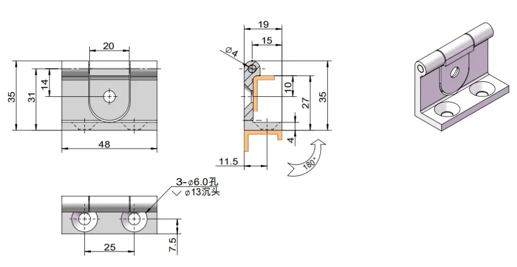 Bisagra en L de aleación de zinc con montaje lateral — Plano dimensional