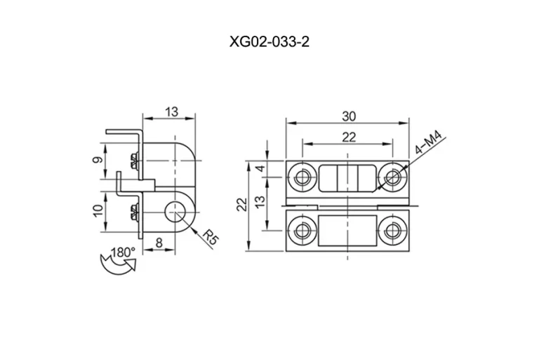 Bisagra de giro de 180° para gabinete industrial — Plano dimensional