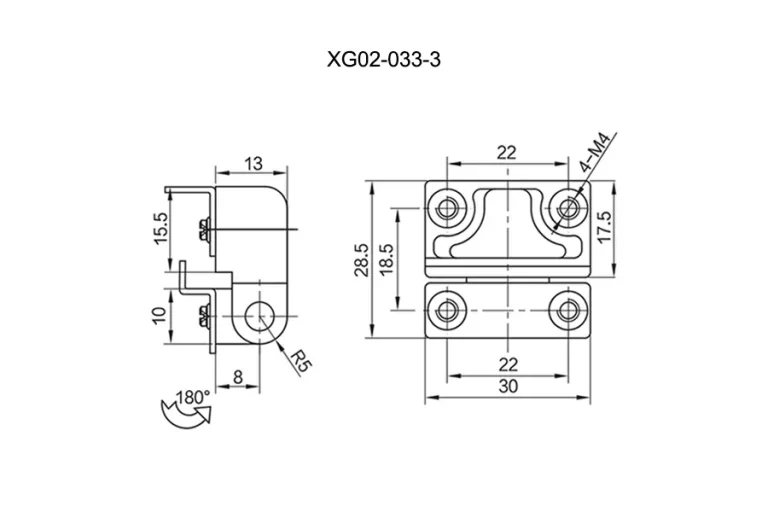 Bisagra de giro de 180° para gabinete industrial — Plano dimensional