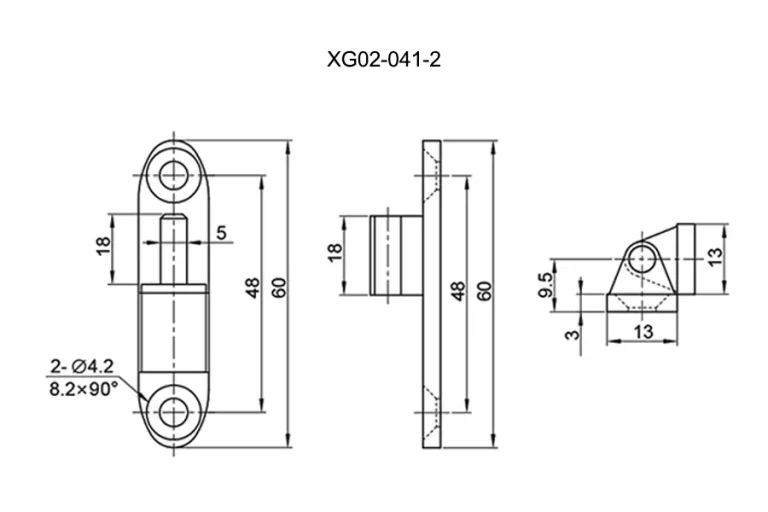 Bisagra desmontable de orejetas zinc/inox 304 con pasador — Plano dimensional