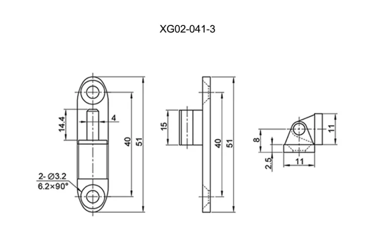 Bisagra desmontable de orejetas zinc/inox 304 con pasador — Plano dimensional