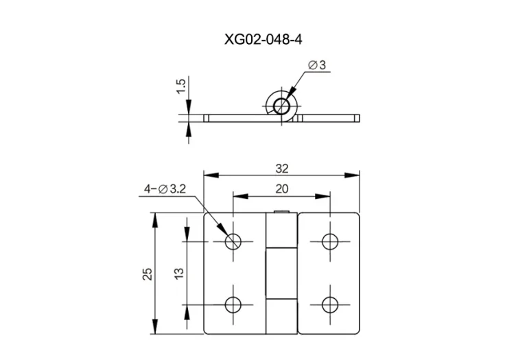 Bisagra de acero inoxidable 304 para equipos industriales — Plano dimensional