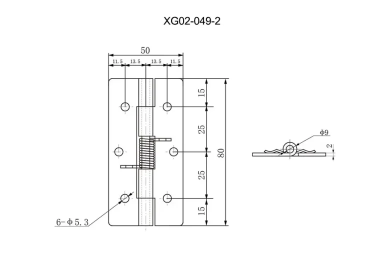 Bisagra de resorte 304 con retorno automático — Plano dimensional