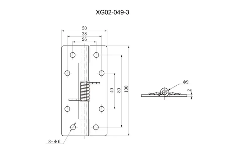 Bisagra de resorte 304 con retorno automático — Plano dimensional