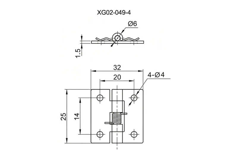 Bisagra de resorte 304 con retorno automático — Plano dimensional