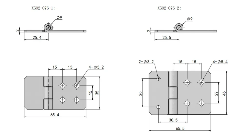 Bisagra asimétrica de acero inoxidable para equipos industriales — Plano dimensional