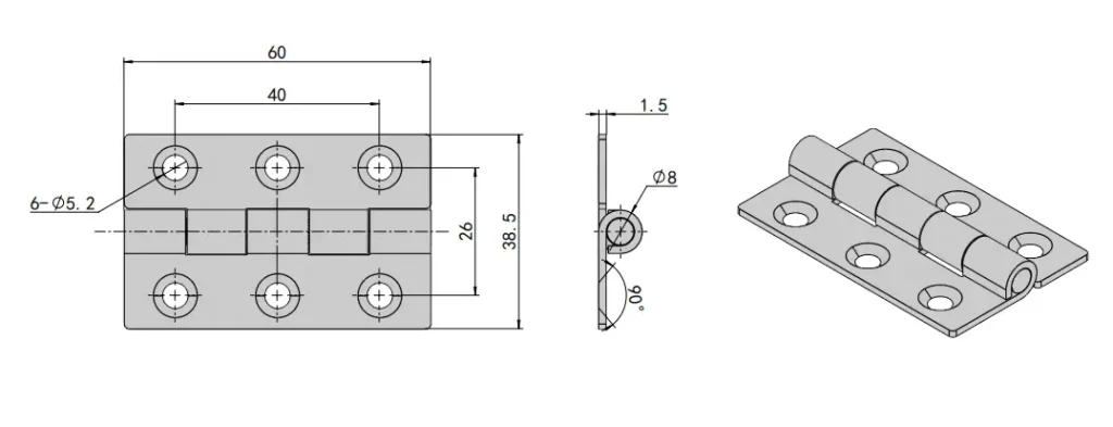 Bisagra de 6 orificios de acero inoxidable para equipos de laboratorio — Plano dimensional