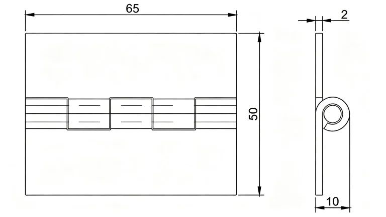 Bisagra para puertas de estanterías 65 × 50 × 2 mm — Plano dimensional