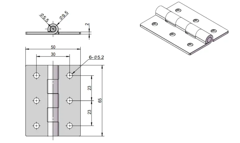 Bisagra para puertas de estanterías 65 × 50 × 2 mm — Plano dimensional