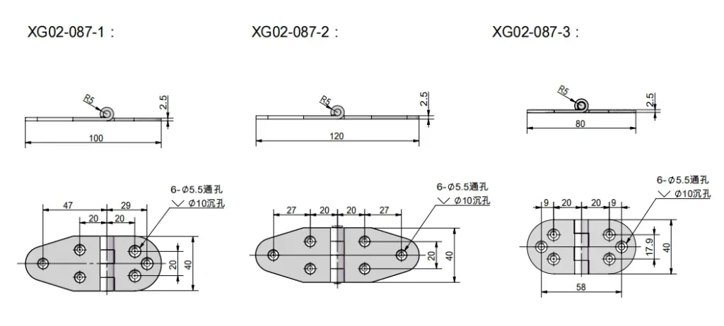 Bisagra ovalada de 6 agujeros para puertas 80/100/120 mm — Plano dimensional