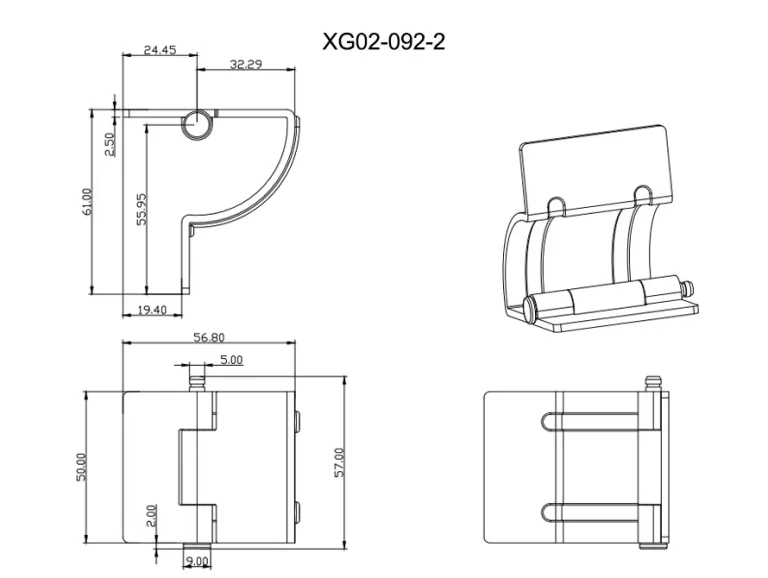 Bisagra de brazo curvo ajustable para montaje interior — Plano dimensional