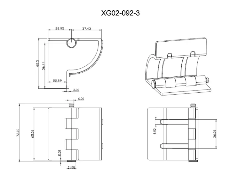 Bisagra de brazo curvo ajustable para montaje interior — Plano dimensional