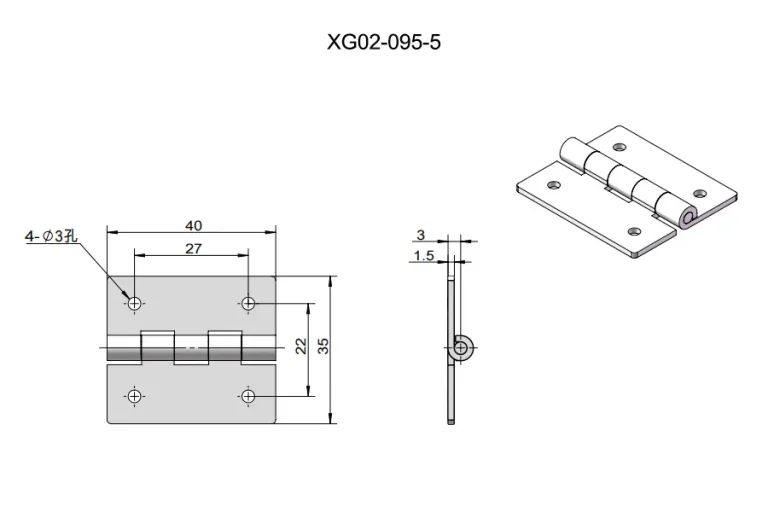 Bisagra plana de 4 agujeros de acero para puertas metálicas — Plano dimensional