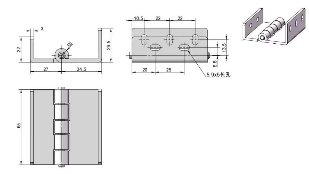 Bisagra doble plegable de acero inoxidable para cajas metálicas — Plano dimensional