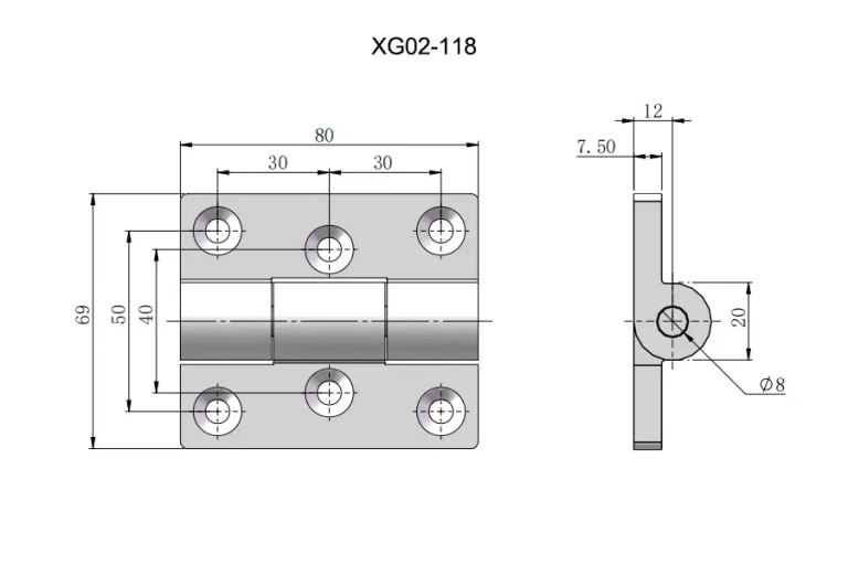 Bisagra avellanada industrial para máquinas herramienta — Plano dimensional