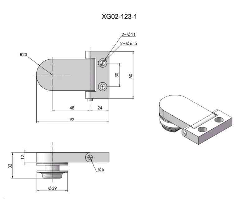 Bisagra inox para armarios alimentarios con soldadura o tornillos — Plano dimensional