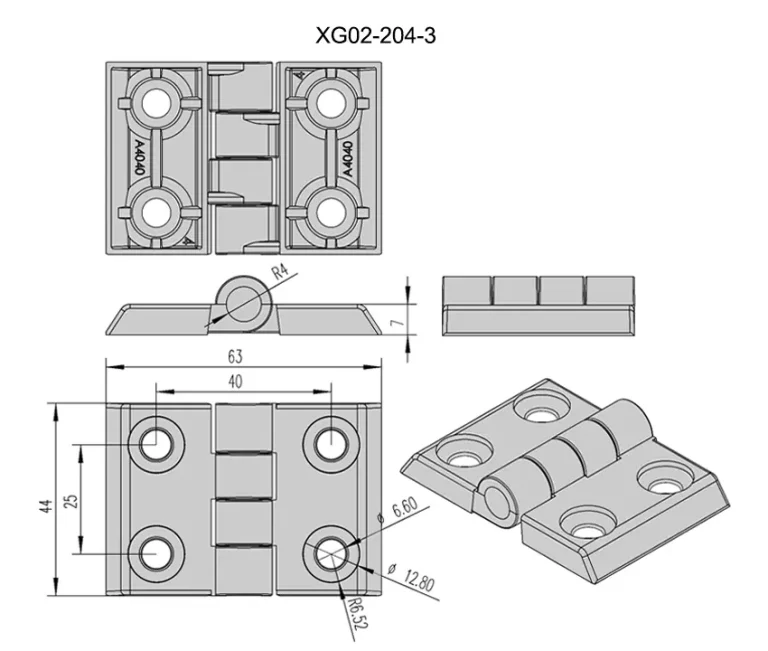 Bisagra reforzada para puertas de marco industrial — Plano dimensional
