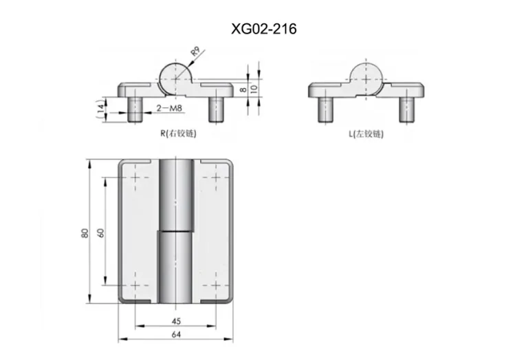Bisagra empotrada de zinc con espárrago roscado — Plano dimensional