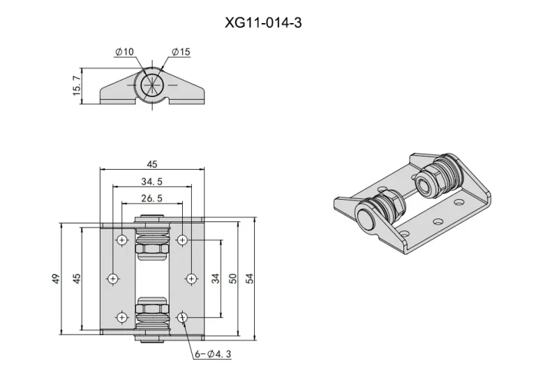 Bisagra de par constante de acero inoxidable para puertas — Plano dimensional