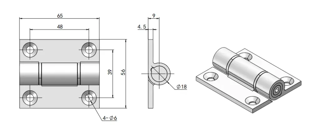 Bisagra de fricción ajustable con amortiguación industrial — Plano dimensional