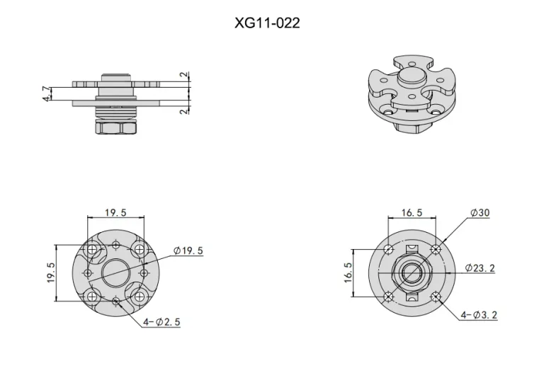 Bisagra de torsión circular inoxidable 304 vibrado 1-6 N·m — Plano dimensional