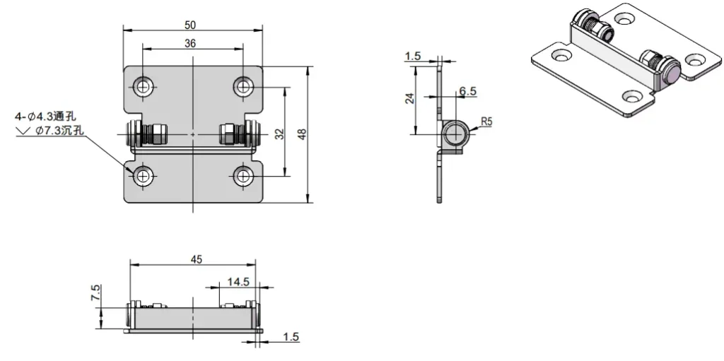 Bisagra amortiguada de doble eje de acero inoxidable 2 N·m — Plano dimensional