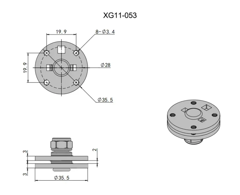 Dispositivo de torsión de disco niquelado ajustable 0-6 N·m — Plano dimensional