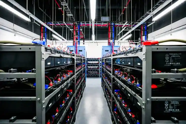 Pasillo entre bastidores de equipos con cableado e instalaciones técnicas visibles